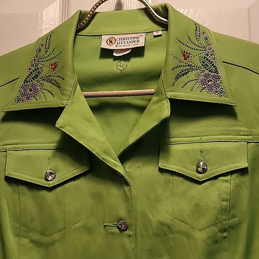 Christine Alexander Lime Green Denim Embellished Jacket Sz Small - Picture 2 of 8